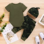 0-18 Month Old Baby Boy Baby Girl Clothes Set Letter Print Short Sleeve Bodysuit Camouflage Pants Headband Outfit