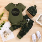 0-18 Month Old Baby Boy Baby Girl Clothes Set Letter Print Short Sleeve Bodysuit Camouflage Pants Headband Outfit