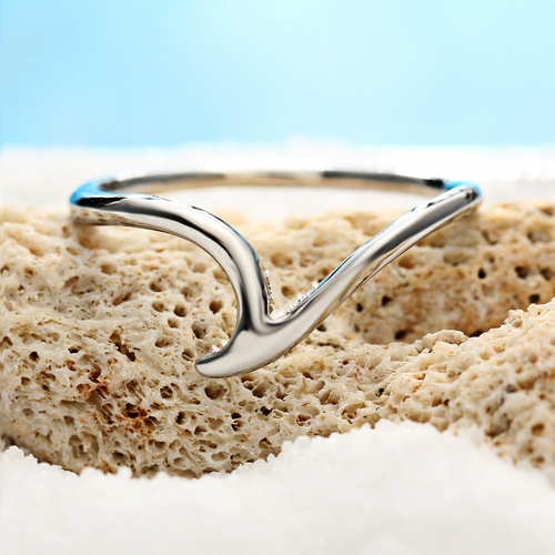 Malibu Beach Curved Wave Abstract Ring in 14K White Gold Plating